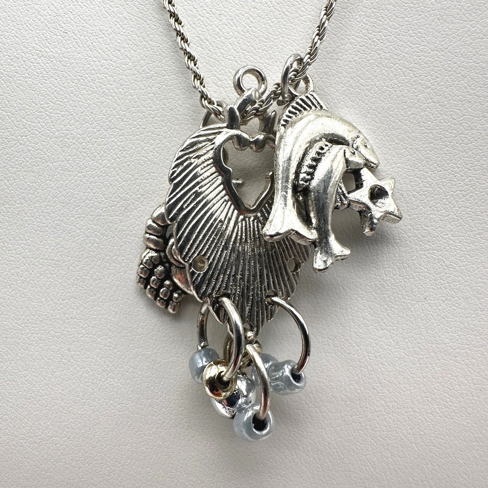 Vintage 90s Nautical Sea Life Crab Starfish Necklace Silver Tone Women's Jewelry